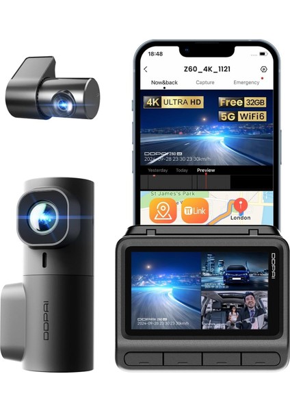 3 Kanallı Araç Kamerası, 4K + 2k + 1080P, 5ghz Wifi6, Gps, Gece Görüşü