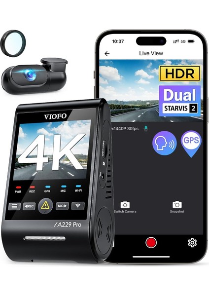 A229 Pro 4K Hdr Dash Cam, Dual Starvıs 2 Sensörler, 5ghz Wi-Fi, Gps, 24 Saat Park Izleme