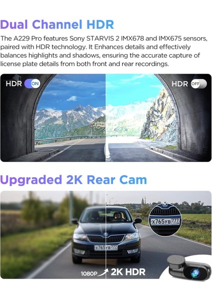 A229 Pro 4K Hdr Dash Cam, Dual Starvıs 2 Sensörler, 5ghz Wi-Fi, Gps, 24 Saat Park Izleme