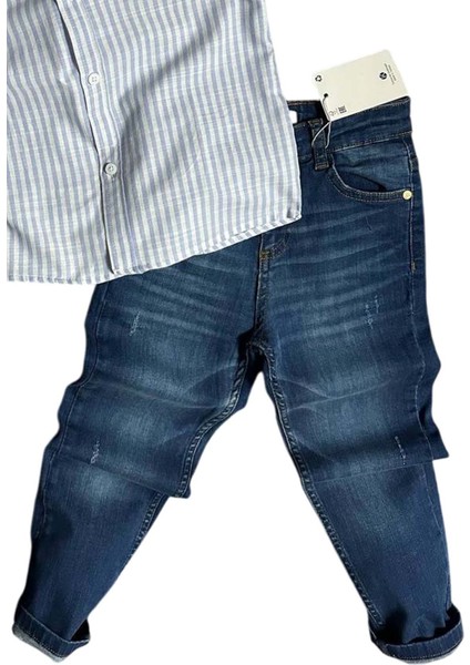 Erkek Çocuk Çizgili Keten Gömlek Lacivert Jean Pantolon Alt Üst Takım modelleri