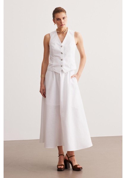 Beyaz Poplin Beli Lastikli Astarlı Midi Etek