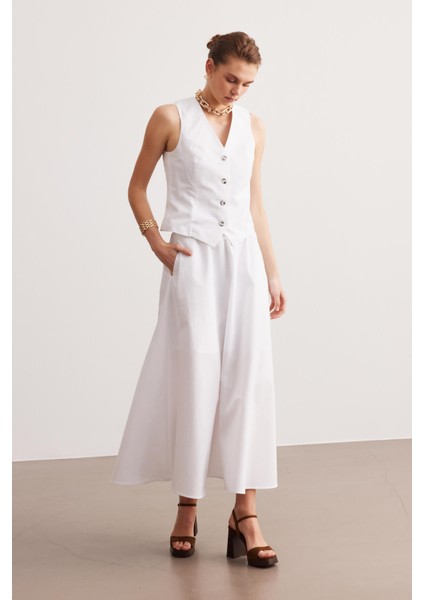 Beyaz Poplin Beli Lastikli Astarlı Midi Etek fiyatları