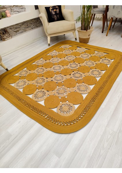 Jüt Hasır Görünümlü Desenli Modern El Örgüsü Dikdörtgen Halı Kilim