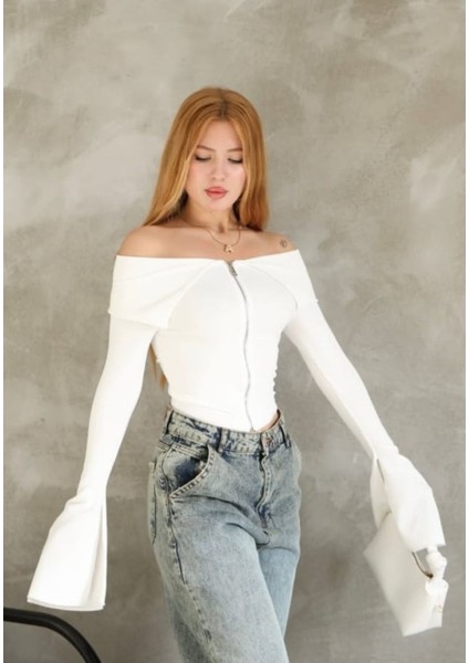 Kadın Trend Omzu Açık Madonna Ispanyol Kollu Fermuarlı Kayık Yaka Hırka Krop