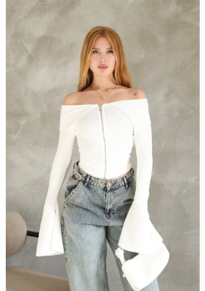 Kadın Trend Omzu Açık Madonna Ispanyol Kollu Fermuarlı Kayık Yaka Hırka Krop fırsatları