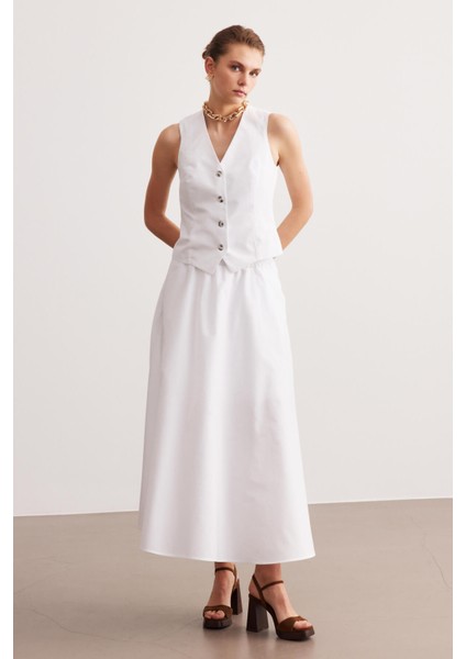 Beyaz Poplin Beli Lastikli Astarlı Midi Etek modelleri