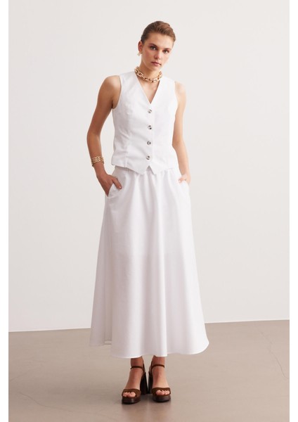 Beyaz Poplin Beli Lastikli Astarlı Midi Etek fırsatları