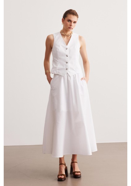 Beyaz Poplin Beli Lastikli Astarlı Midi Etek indirimleri