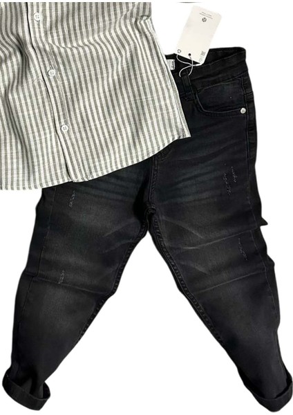 Erkek Çocuk Çizgili Keten Gömlek Siyah Jean Pantolon Alt Üst Takım modelleri