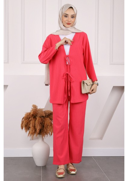 Pembe Ön Bağlamalı Bürümcük Kimono Pantolonlu Takım