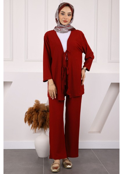 Siyah Ön Bağlamalı Bürümcük Kimono Pantolonlu Takım