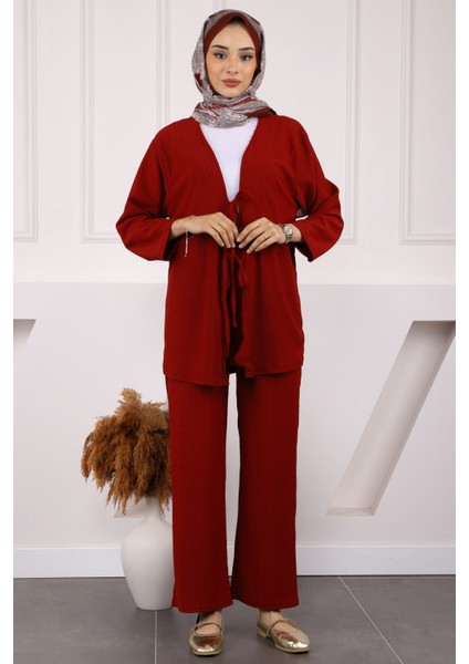 Siyah Ön Bağlamalı Bürümcük Kimono Pantolonlu Takım