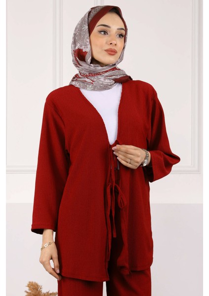 Siyah Ön Bağlamalı Bürümcük Kimono Pantolonlu Takım