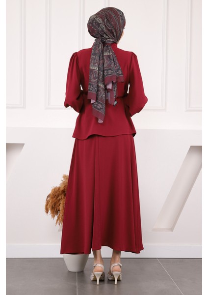 Bordo Bel Kuşaklı Gömlek Etekli Takım modelleri