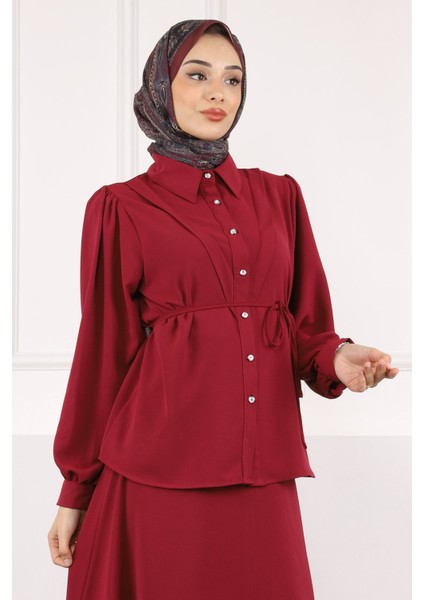 Bordo Bel Kuşaklı Gömlek Etekli Takım fırsatları