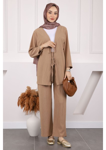 Siyah Ön Bağlamalı Bürümcük Kimono Pantolonlu Takım