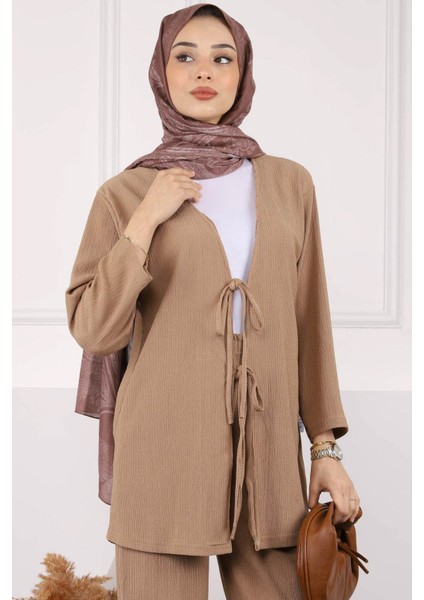 Siyah Ön Bağlamalı Bürümcük Kimono Pantolonlu Takım