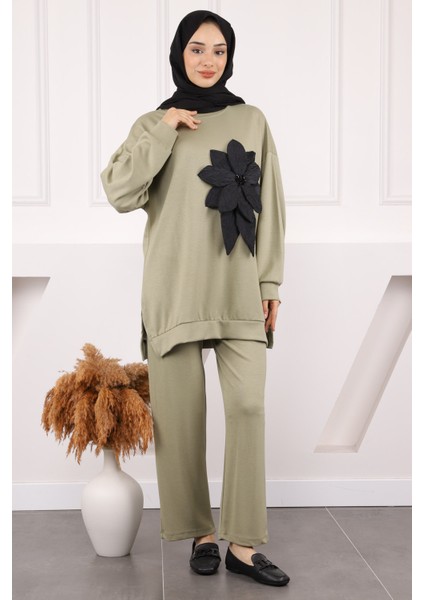 Haki Çiçek Detaylı Modal Tunik Pantolonlu Takım
