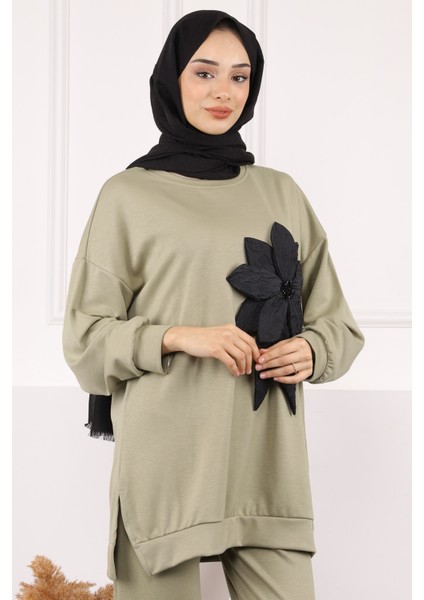Haki Çiçek Detaylı Modal Tunik Pantolonlu Takım fırsatları
