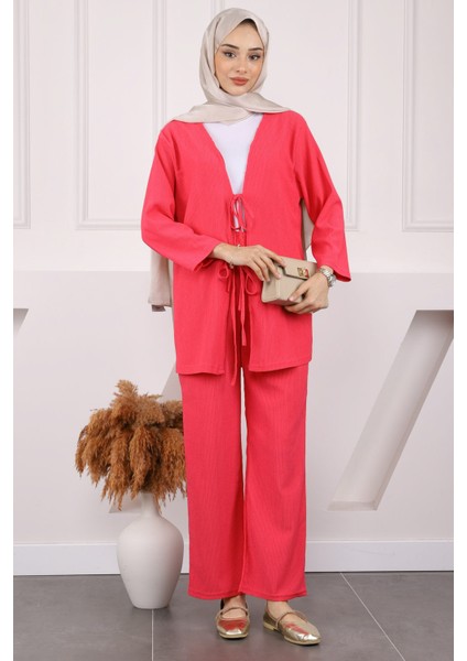 Siyah Ön Bağlamalı Bürümcük Kimono Pantolonlu Takım