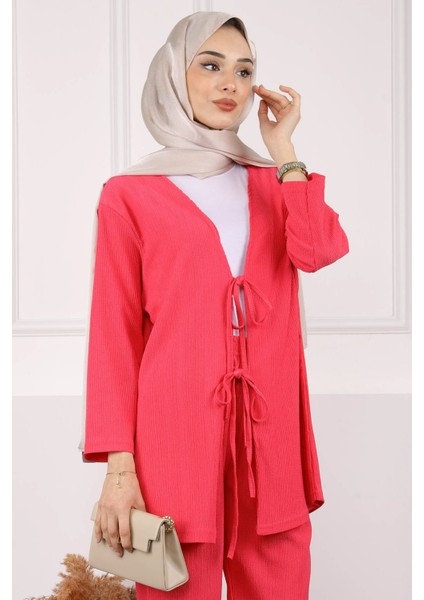 Siyah Ön Bağlamalı Bürümcük Kimono Pantolonlu Takım