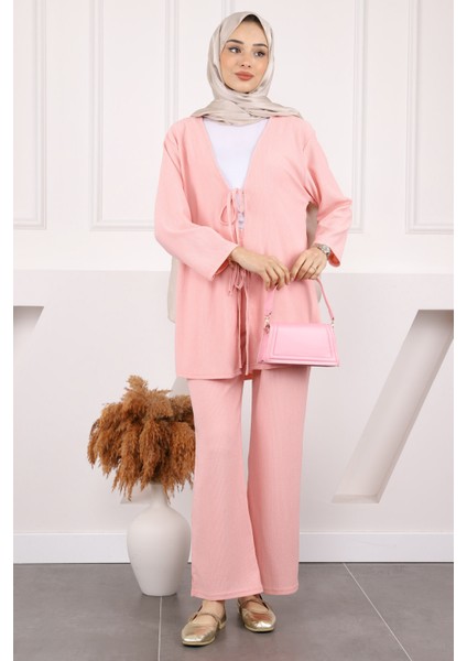 Siyah Ön Bağlamalı Bürümcük Kimono Pantolonlu Takım