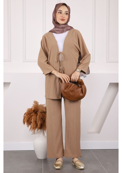 Siyah Ön Bağlamalı Bürümcük Kimono Pantolonlu Takım fiyatları