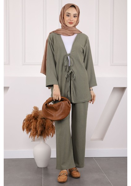 Siyah Ön Bağlamalı Bürümcük Kimono Pantolonlu Takım
