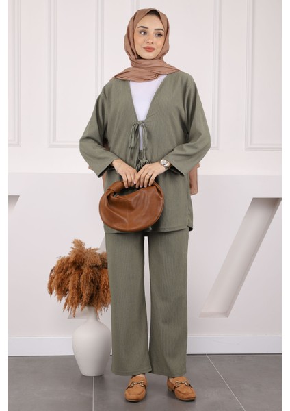 Siyah Ön Bağlamalı Bürümcük Kimono Pantolonlu Takım