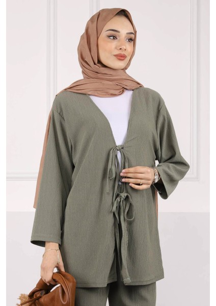 Siyah Ön Bağlamalı Bürümcük Kimono Pantolonlu Takım