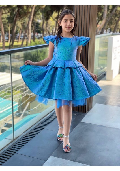 Kız Çocuk Bayramlık Doğum Günü Mezuniyet Abiye Mavi Elbise