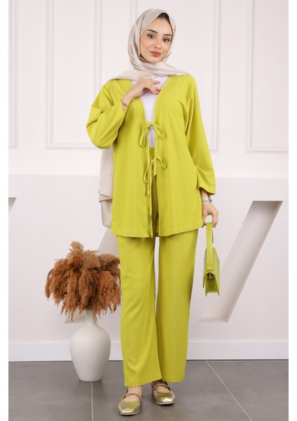 Siyah Ön Bağlamalı Bürümcük Kimono Pantolonlu Takım