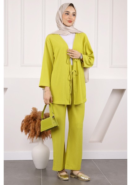 Siyah Ön Bağlamalı Bürümcük Kimono Pantolonlu Takım