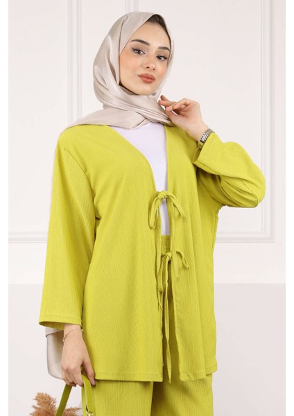 Siyah Ön Bağlamalı Bürümcük Kimono Pantolonlu Takım