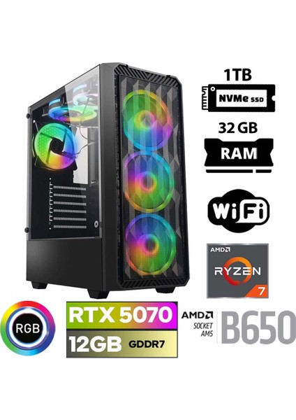 Thunder X60 Ryzen 7 7700 32GB Ddr5 Ram 1tb M.2 Nvme SSD 12GB RTX5070 Masaüstü Oyuncu Bilgisayarı