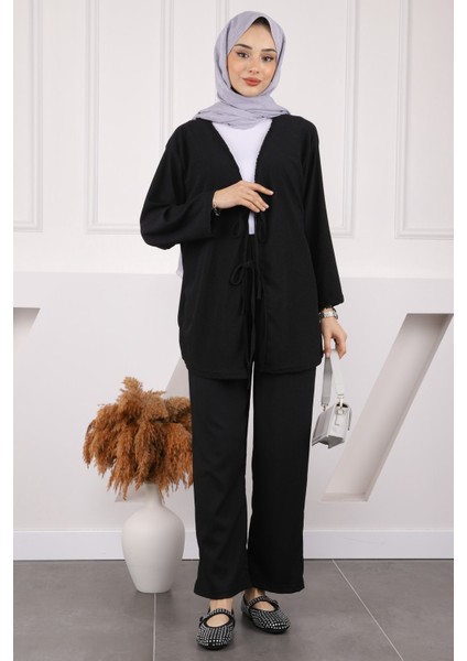 Siyah Ön Bağlamalı Bürümcük Kimono Pantolonlu Takım fiyatları