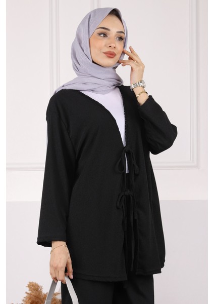 Siyah Ön Bağlamalı Bürümcük Kimono Pantolonlu Takım fırsatları