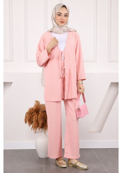 Pudra Ön Bağlamalı Bürümcük Kimono Pantolonlu Takım