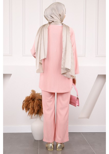 Pudra Ön Bağlamalı Bürümcük Kimono Pantolonlu Takım modelleri