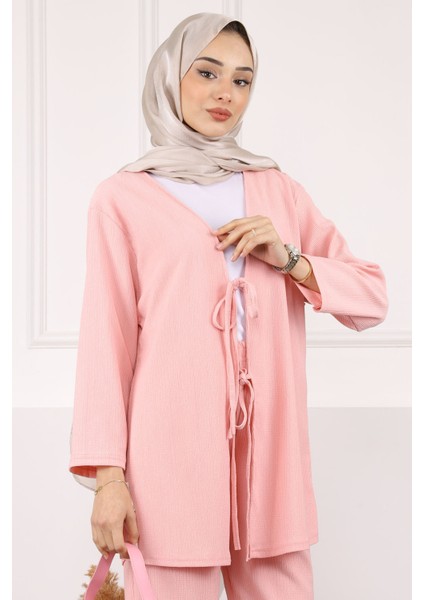 Pudra Ön Bağlamalı Bürümcük Kimono Pantolonlu Takım fırsatları