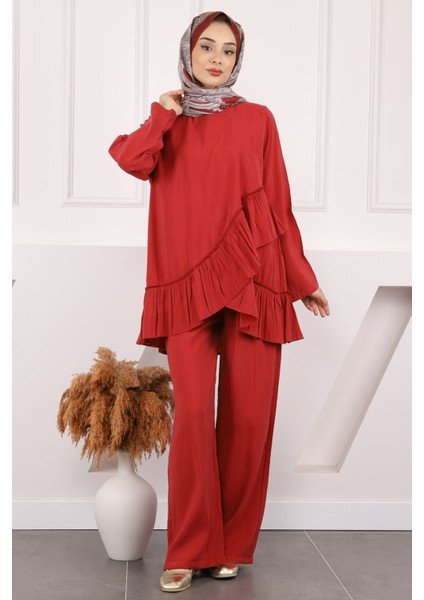 Bordo Fırfır Detaylı Tunik Pantolonlu Takım