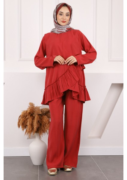 Bordo Fırfır Detaylı Tunik Pantolonlu Takım fiyatları