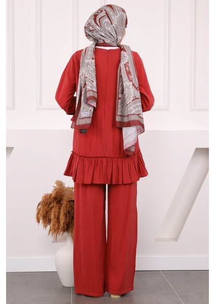 Bordo Fırfır Detaylı Tunik Pantolonlu Takım modelleri