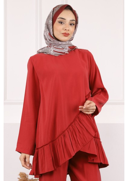 Bordo Fırfır Detaylı Tunik Pantolonlu Takım fırsatları