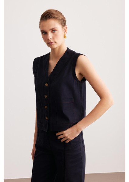 Lacivert Dikiş Detaylı Astarsız Gabardin Yelek modelleri