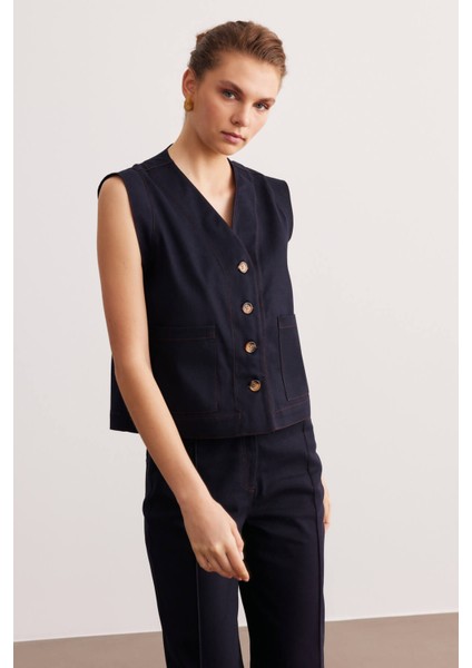 Lacivert Dikiş Detaylı Astarsız Gabardin Yelek