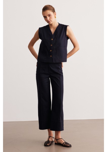 Lacivert Dikiş Detaylı Astarsız Gabardin Yelek