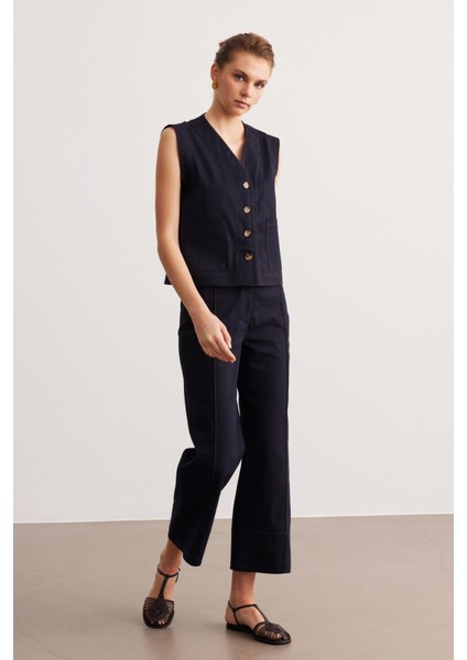 Lacivert Dikiş Detaylı Astarsız Gabardin Yelek