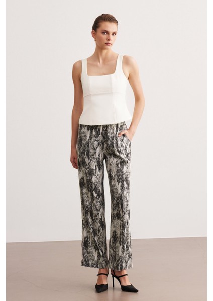 Beyaz Biyeli Yüksek Bel Pijama Pantolon