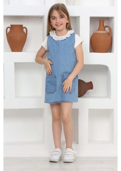 Kız Çocuk 2'li Jean Elbise (Çift Cepli Jean ELBISE+BLUZ)12203